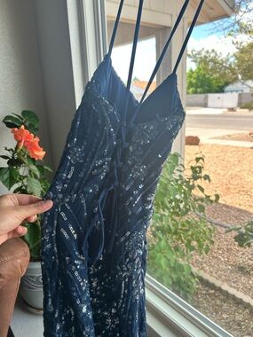 Navy Blue Sequined homecoming/ prom Spaghetti Strap Prom Dress